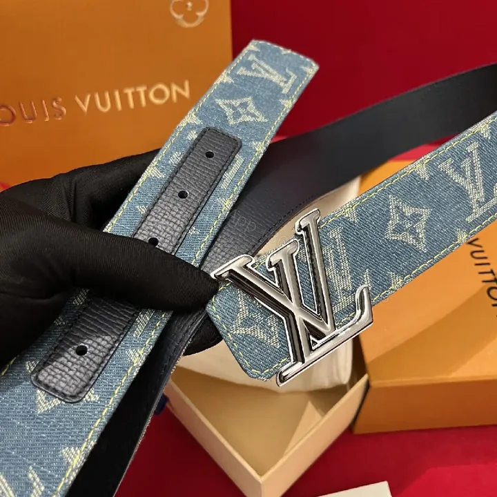 View 1 of Denim Monogram Belt with Silver Buckle - Modern Luxury Signature