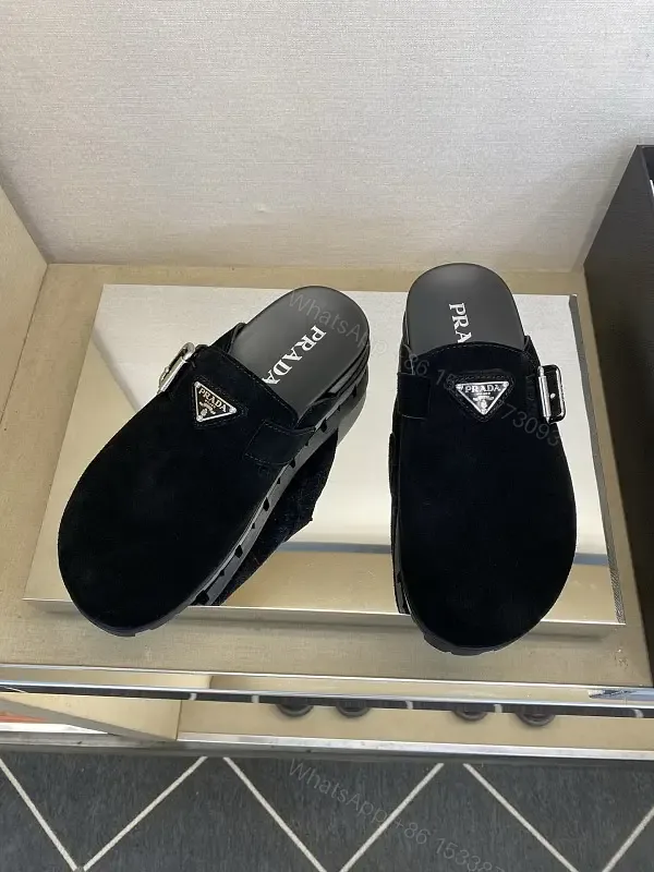 View 1 of Black Suede Prada Mule Slippers with Silver Buckle