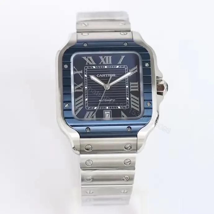 View 1 of Cartier super clone Santos Blue Dial Blue Bezel Steel Bracelet 40MM Ultimate RG-CARTIER-SANTOS-BLU-BEZ-STL-40