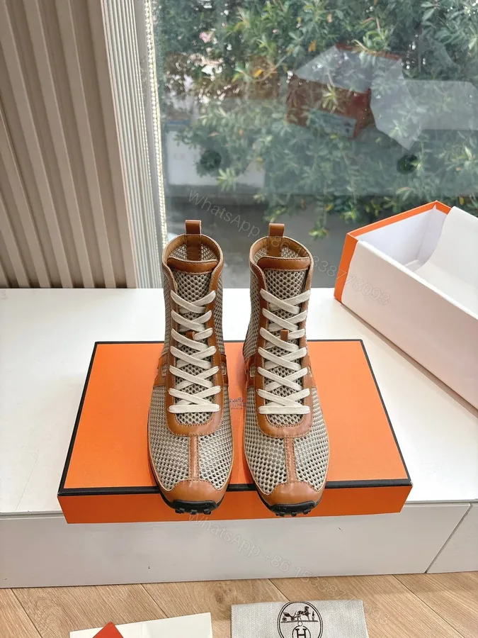 View 1 of Hermes Women Beige Mesh And Brown Leather Sneakers