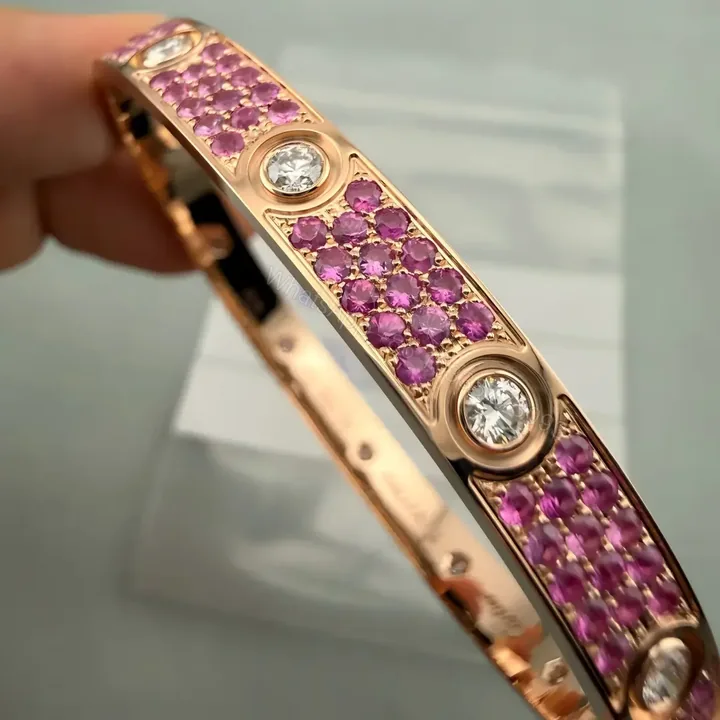 View 1 of New Cartier Love Bracelet with Pink Blue Sapphire Green Tsavorite Diamonds