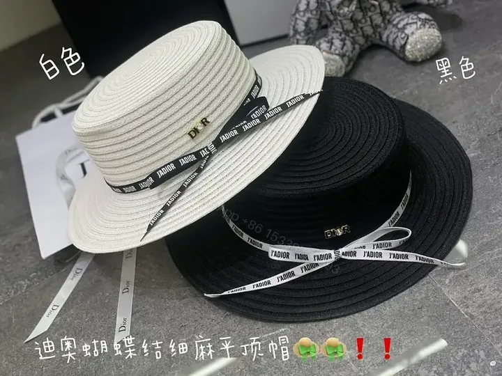 View 1 of Beige/Black Wide-Brim Straw Hat with L’ADIOR Ribbon, DIOR Emblem