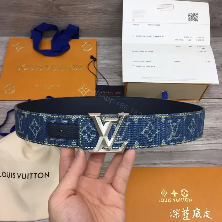 View 1 of Denim Monogram LV Beltâ€”Luxury Silver Buckle Accessory
