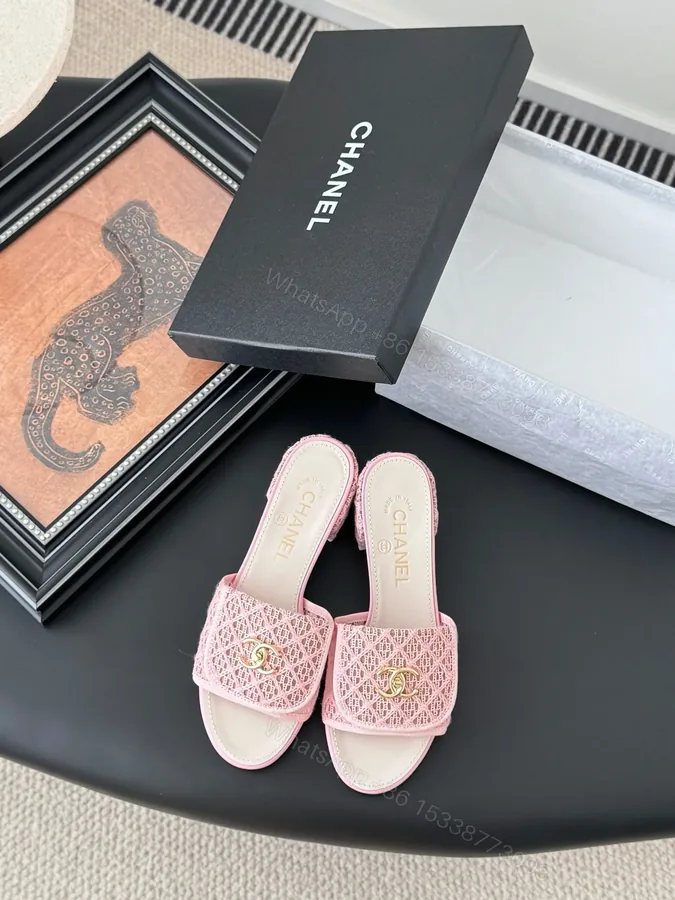 View 1 of Chanel Women Pink Woven Leather Slides