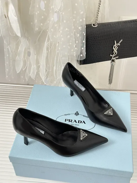 View 1 of Prada Black Leather Pumps â€“ Signature Triangle Logo, Pointed Toe