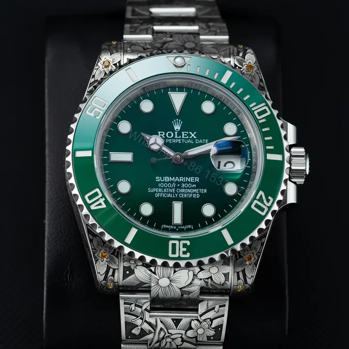 View 1 of Super Clone Rolex Submariner Green Dial Engraved Oyster Bracelet Premium 40MM ROL-SUB-GRN-ENG-OYS-40-RG