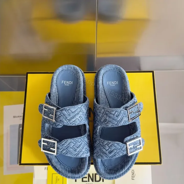 View 1 of Denim-Texture Sandals with Fendi Detail â€“ Luxury Comfort Menâ€TMs