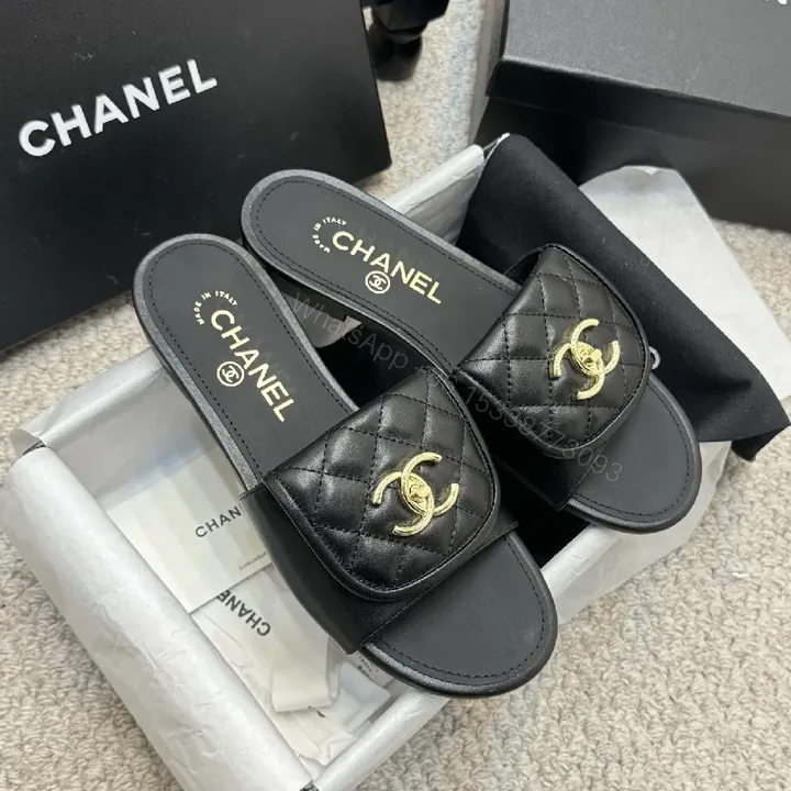 View 1 of Quilted Leather Slides with Gold Logo, Luxe Casual