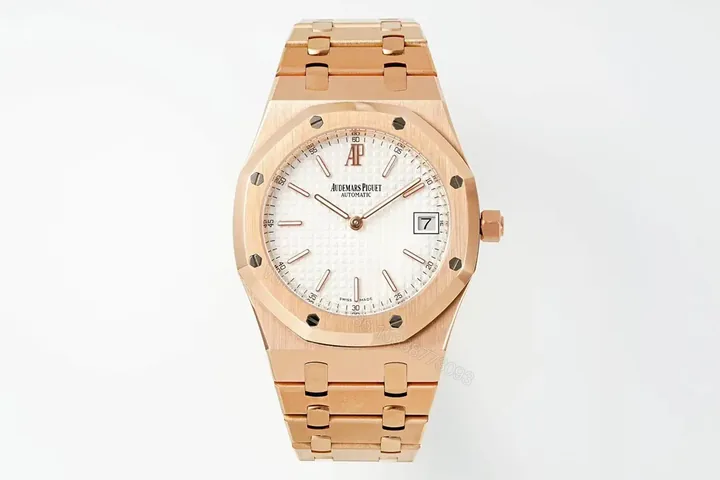 View 1 of KZ Factory Audemars Piguet Royal Oak 15202 Rose Gold Watch with White Dial and Petite Tapisserie Pattern