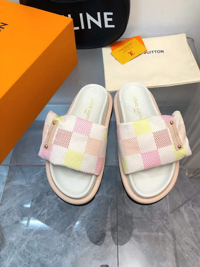 View 1 of LV Women Pastel Checkered Fabric White Slide Sandals