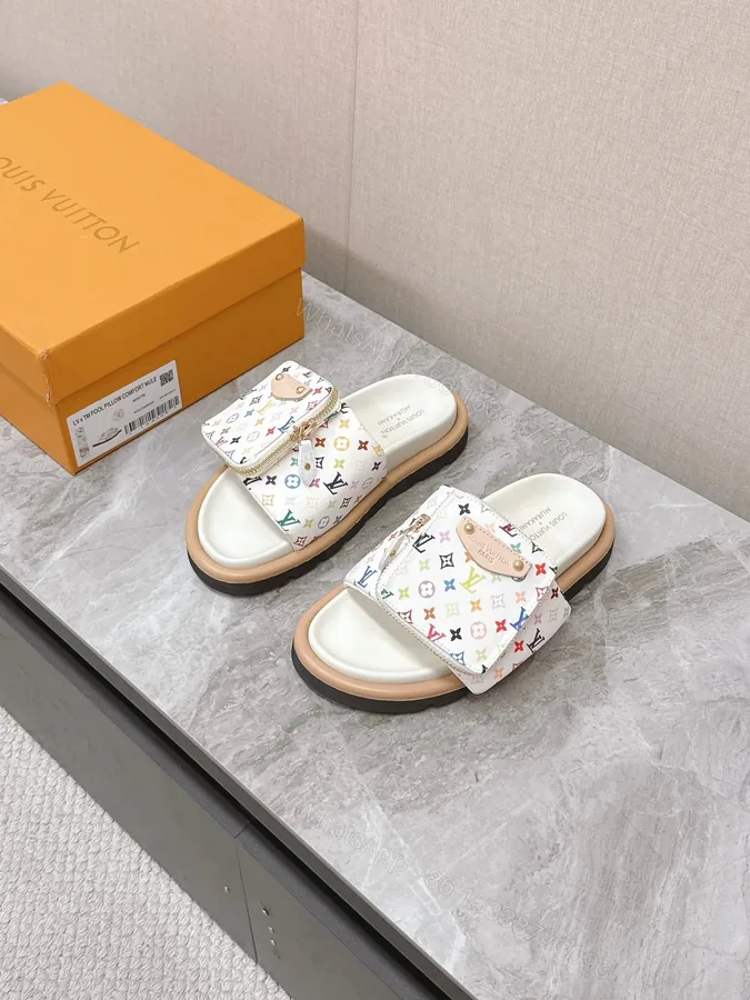 View 1 of LV Women White Leather Multicolor Logo Mules
