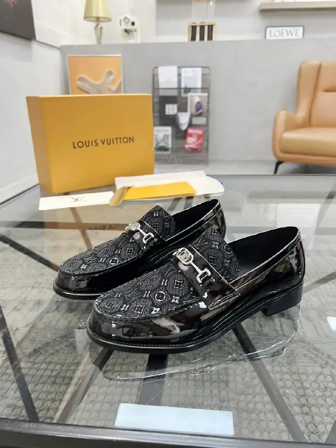 View 1 of Lux Black Patent Leather Loafers with Monogram Texture and Silv