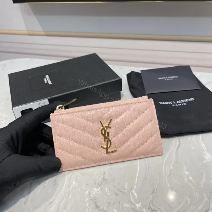 View 1 of Chic Pink Quilted Card Wallet â€” YSL Luxury Compact Style