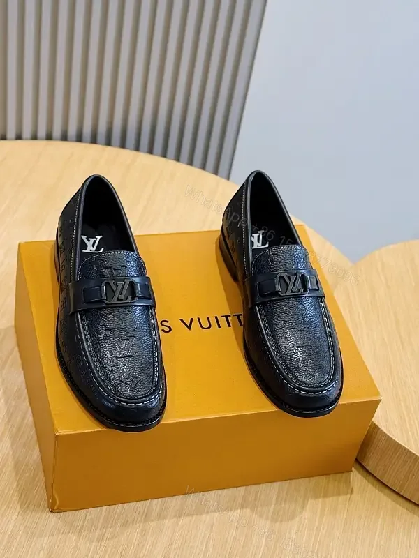 View 1 of Black Leather Moccasin Loafers with LV Buckle, Casual Style, Men’s Shoes