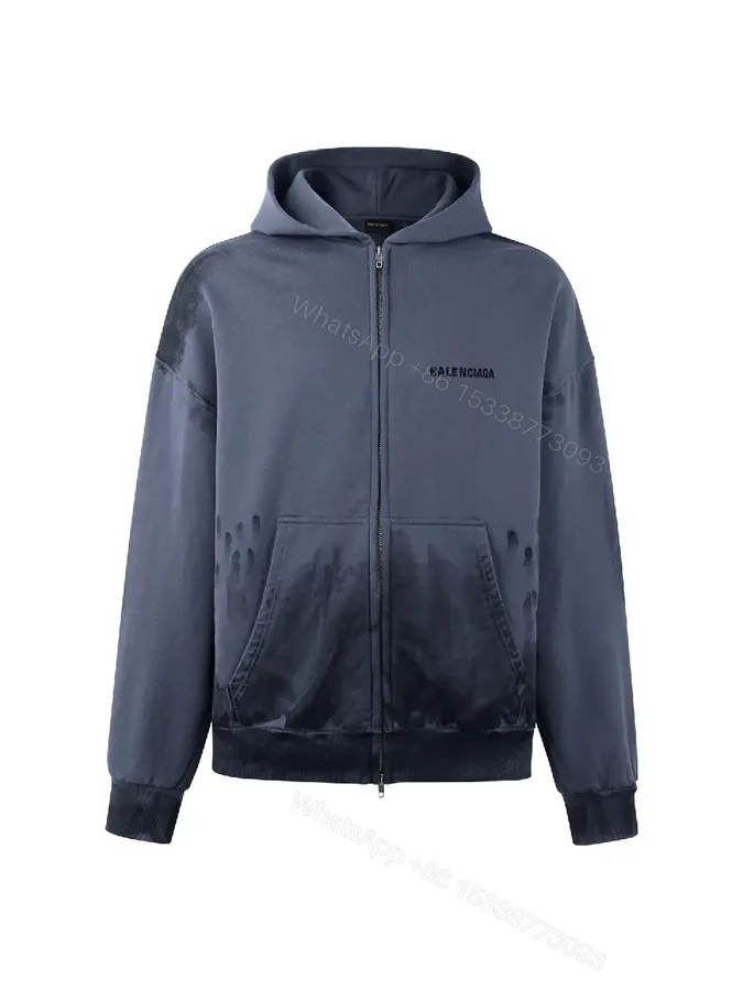 View 1 of Weathered Denim Oversized Zip Hoodie - Luxe Casual Comfort