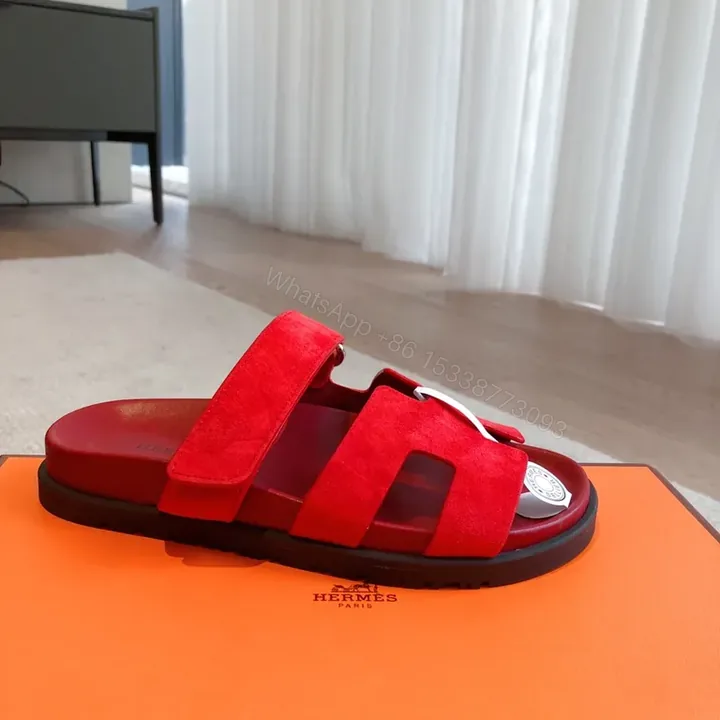 View 1 of Bold Red Suede Sandals â€“ Luxe Comfort, Dual-Stripe Style