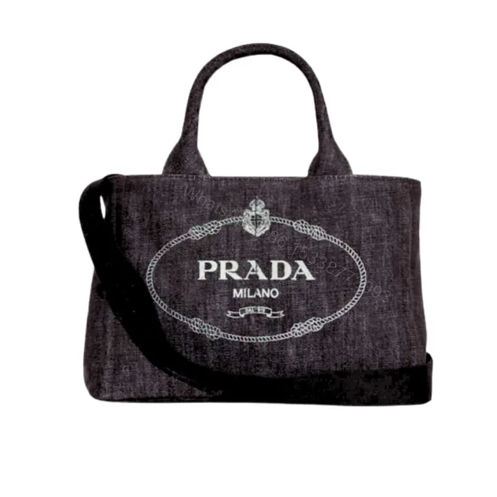 View 1 of Prada Logo Printed Denim Tote Bag Black 26Cm