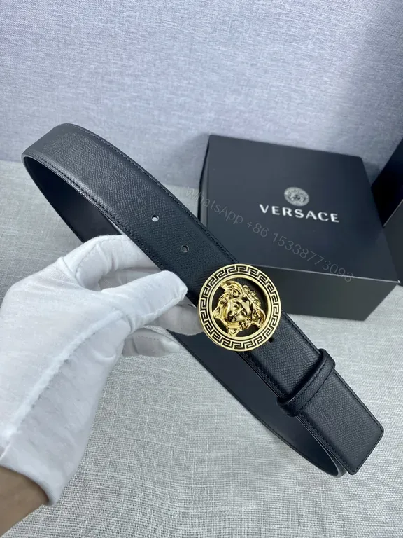 View 1 of Slim Black Leather Belt with Gold Medusa Buckle - Versace Style Belt