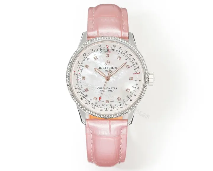 View 1 of OM Factory Breitling Women’s Navitimer Automatic Watch – Pink Leather Strap, White Pearl Dial, Diamond Bezel