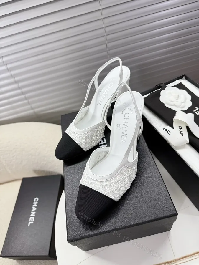 View 1 of Two-Tone Textured Slingback Pumps: Contrast Black Toe, White Body
