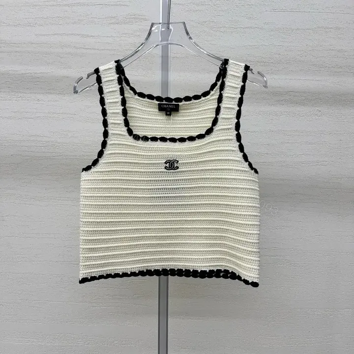 View 1 of Ivory Knit Crop Top with Black Piping, Luxe Knitwear Top