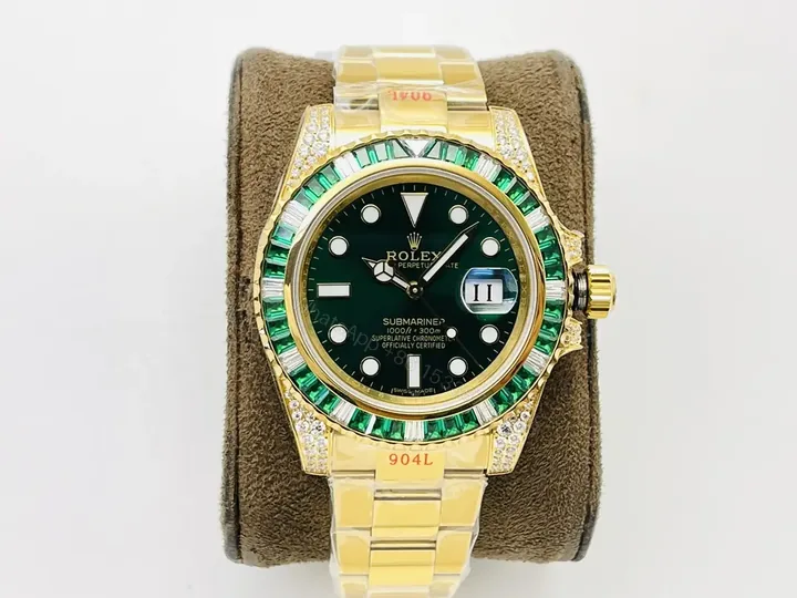 View 1 of Rolex Submariner Yellow Gold Green Black Bezel Paved Diamond Oyster Bracelet 40mm RLX-SUB-YG-GRNBLK-PAV40-OYS