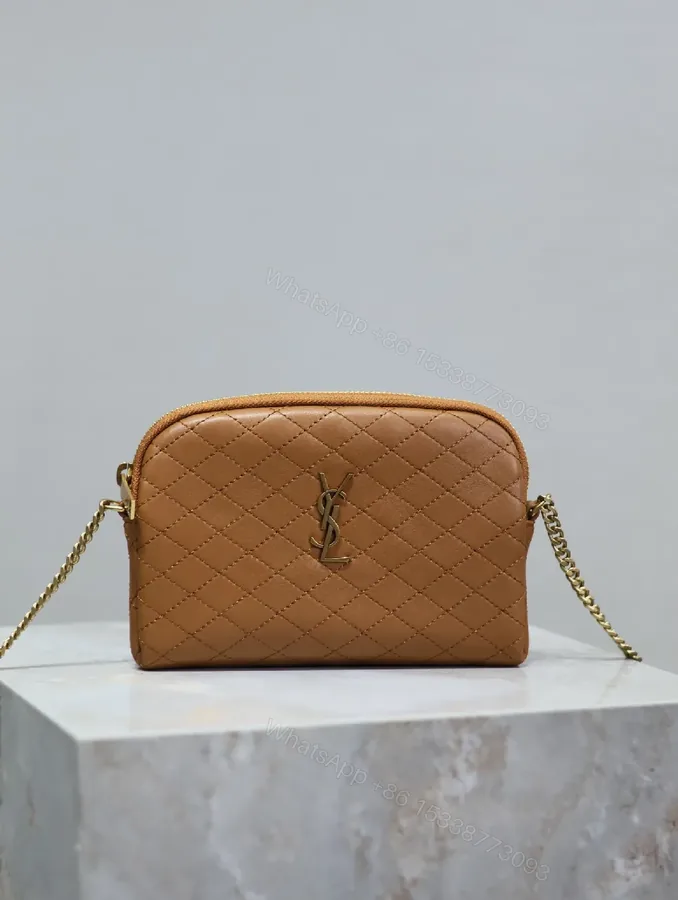 View 1 of Compact Tan Quilted Bag: Crossbody, Gold Hardware, Luxe Style