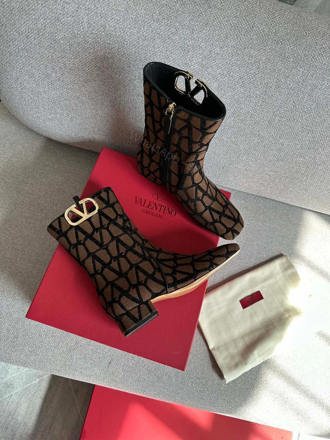 View 1 of Valentino Women Brown Fabric Logo Pattern Boots