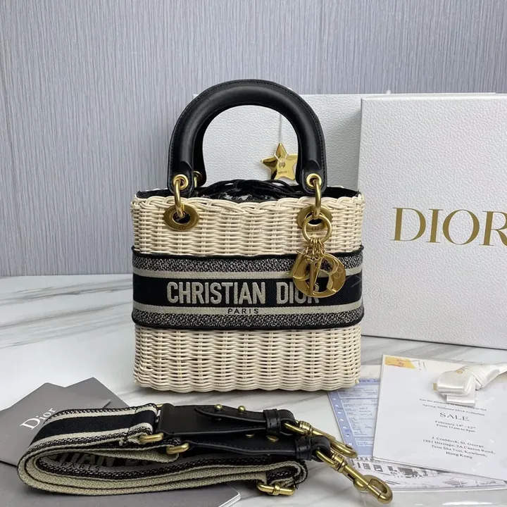 View 1 of Dior Structured Straw Handbag with Leather Trim & Logo Band