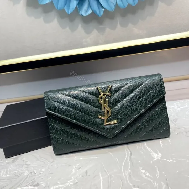 View 1 of Forest-Green Quilted Clutch with Gold Logo