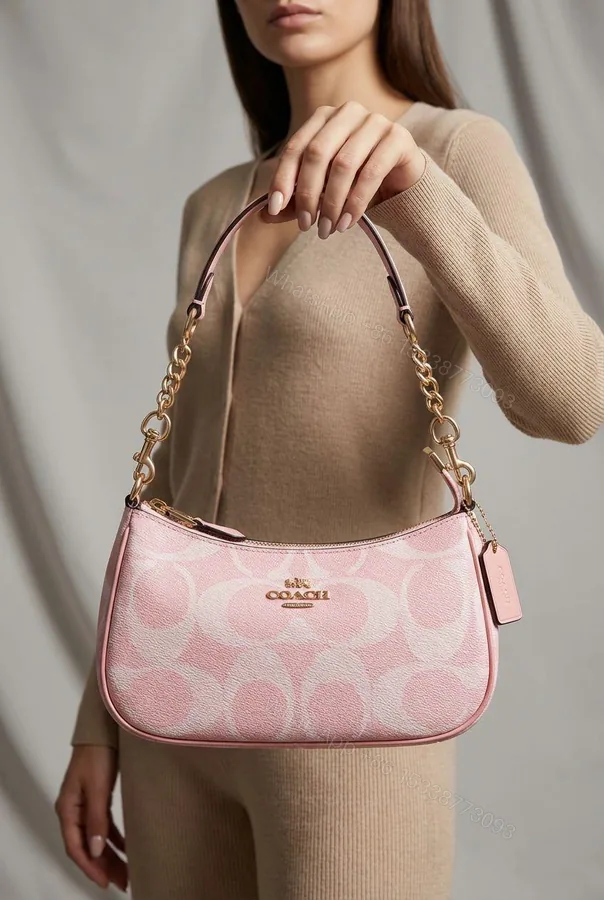 View 1 of Coach Teri Shoulder Bag Signature Canvas Printed Pink First Copy | AAA+ Replica