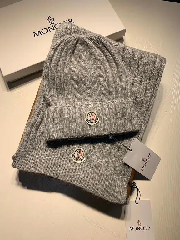 View 1 of Moncler Grey Knit Beanie & Scarf Set â€“ Luxe Winter Warmth