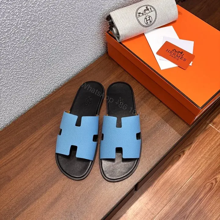 View 1 of Blue Leather Slide Sandals - Hermes Style, Comfortable Slip-ons