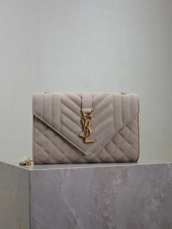 View 1 of Taupe Quilted Luxe Shoulder Bag with YSL Emblem