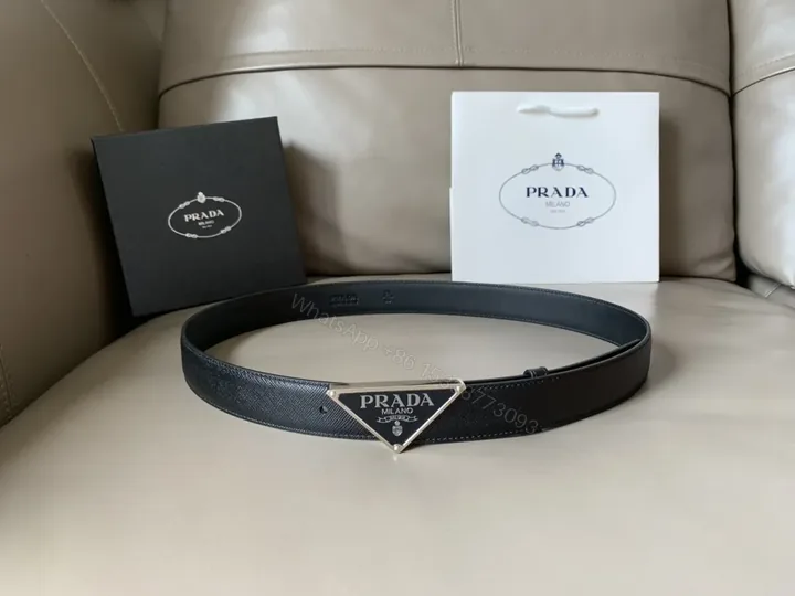 View 1 of PRADA Milano Triangle Belt - Black Calfskin Luxury Belt