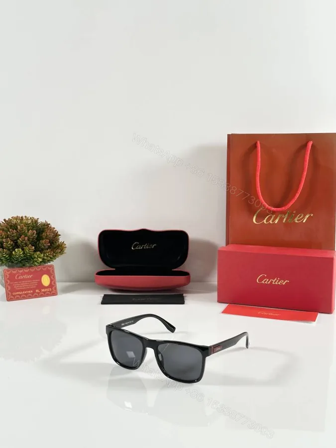 View 1 of First Copy Cartier Black Square Sunglasses Grey Lens Unisex UV Protection 3115