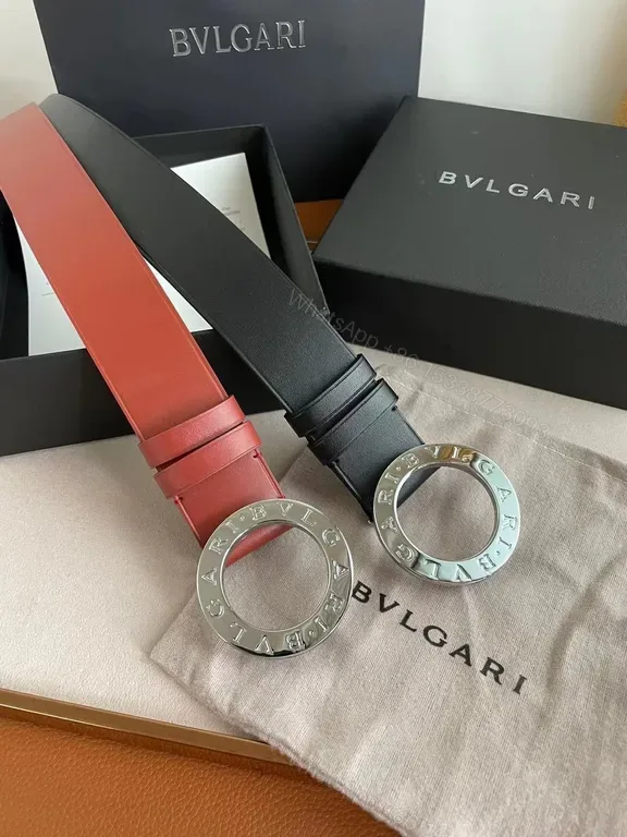 View 1 of BVLGARI Circular Buckle Calfskin Belt â€“ Black or Burgundy, 3.5cm