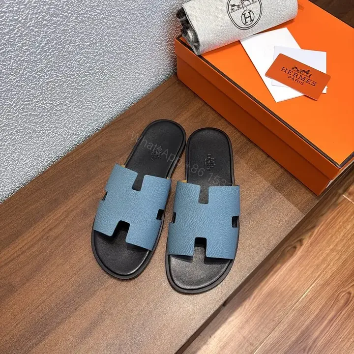 View 1 of Blue Leather Slide Hermès-Inspired Modern Slip-On Comfort Sandals