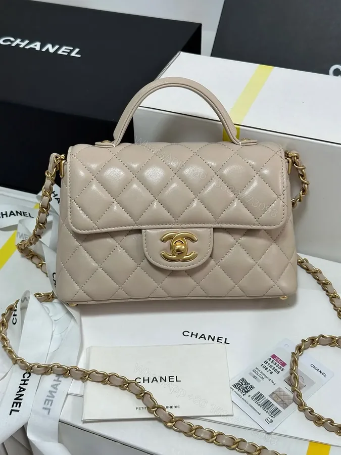 View 1 of Chanel Beige Leather Small Top Handle Flap Bag