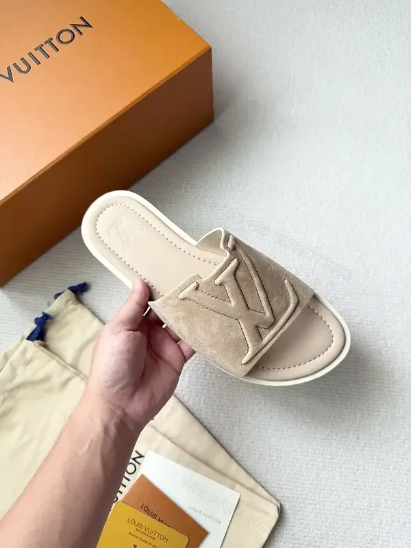 View 1 of Soft-Tone LV-Inspired Suede Slip-On Sandal with Cushioned Footbed