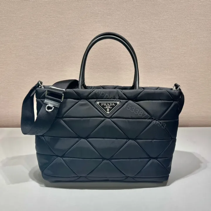 View 1 of TRIANGLE PATTERN TOTE BAG 33 IN BLACK QUILTED RE-NYLON