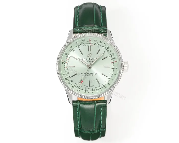 View 1 of OM Factory Breitling Women’s Navitimer Automatic Watch – Green Dial, Green Leather Strap, 35mm Stainless Steel Case