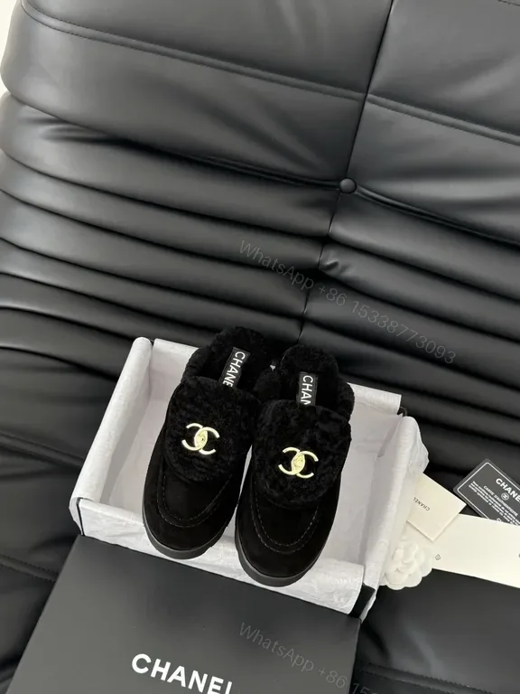 View 1 of Velvet Trim Slippers - Chanel-Inspired, Gold Logo Slip-Ons