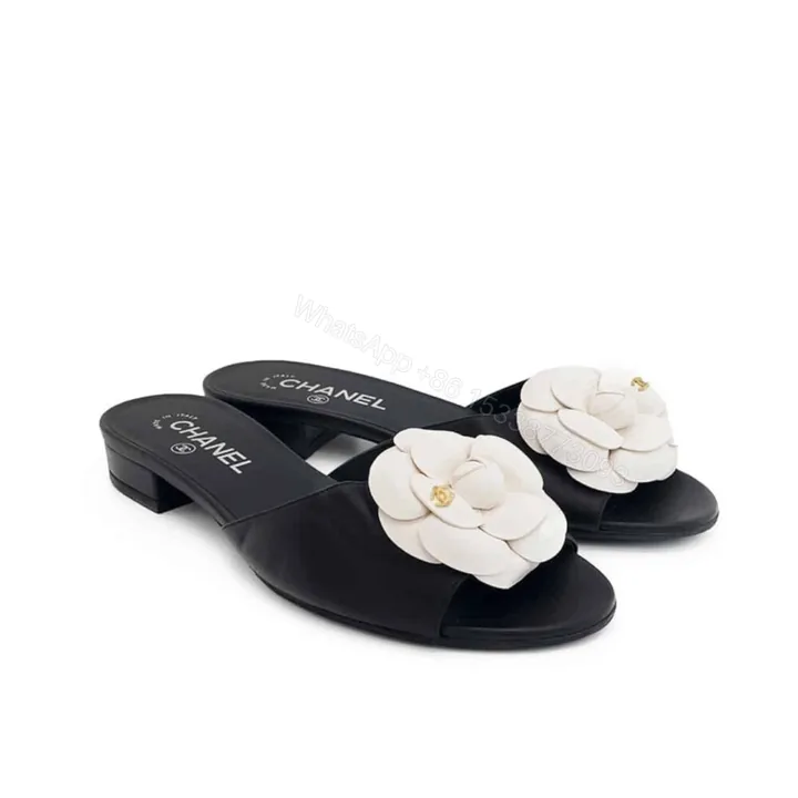 View 1 of Chanel White Camellia Slides Black