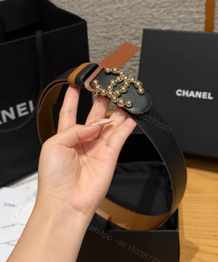 View 1 of Chanel 原單金屬球珠CC雙色皮革時尚皮帶黑棕色