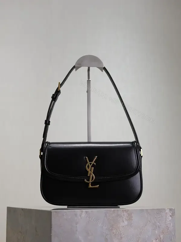 View 1 of Compact Black Leather Shoulder Bag with Gold Hardware