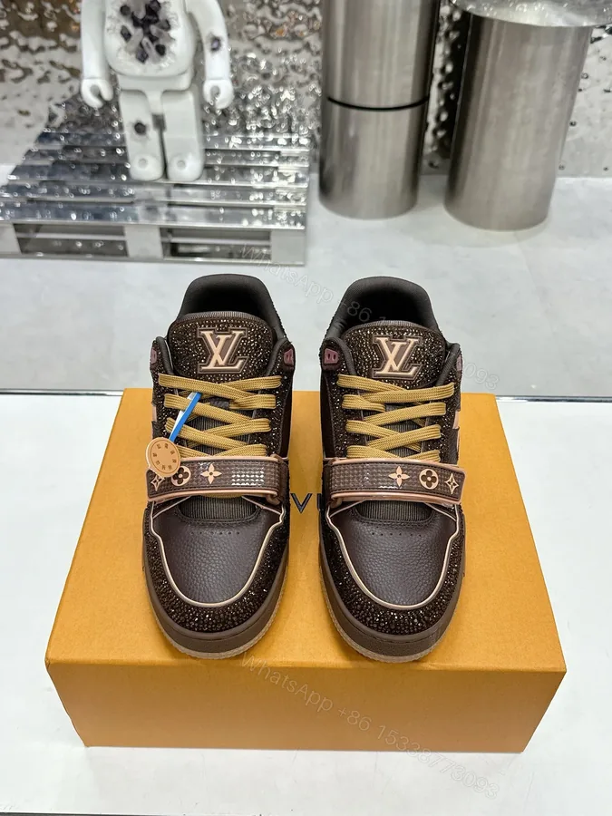 View 1 of LV Women Brown Leather Sparkle Strap Sneakers