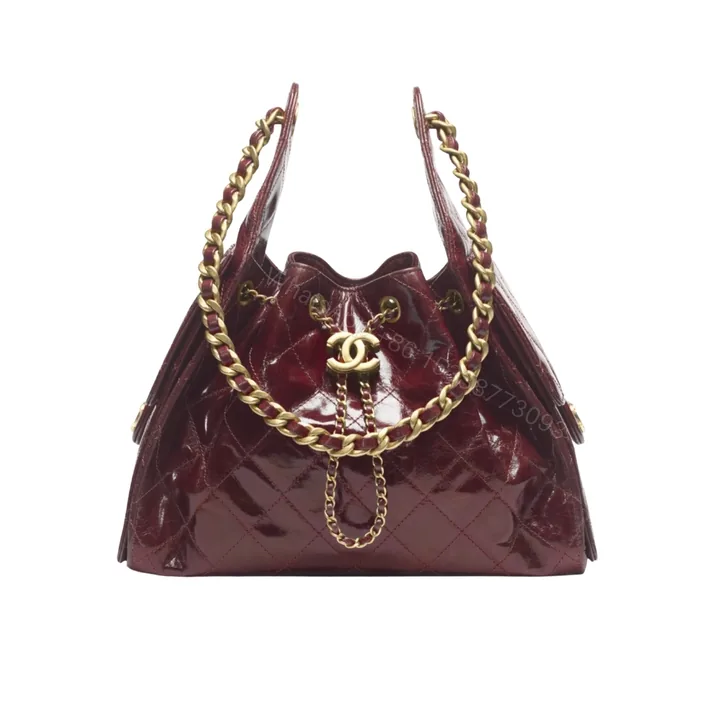 View 1 of Chanel 25 Small Handbag Shiny Crumpled And Gold Tone Metal Burgundy 26cm