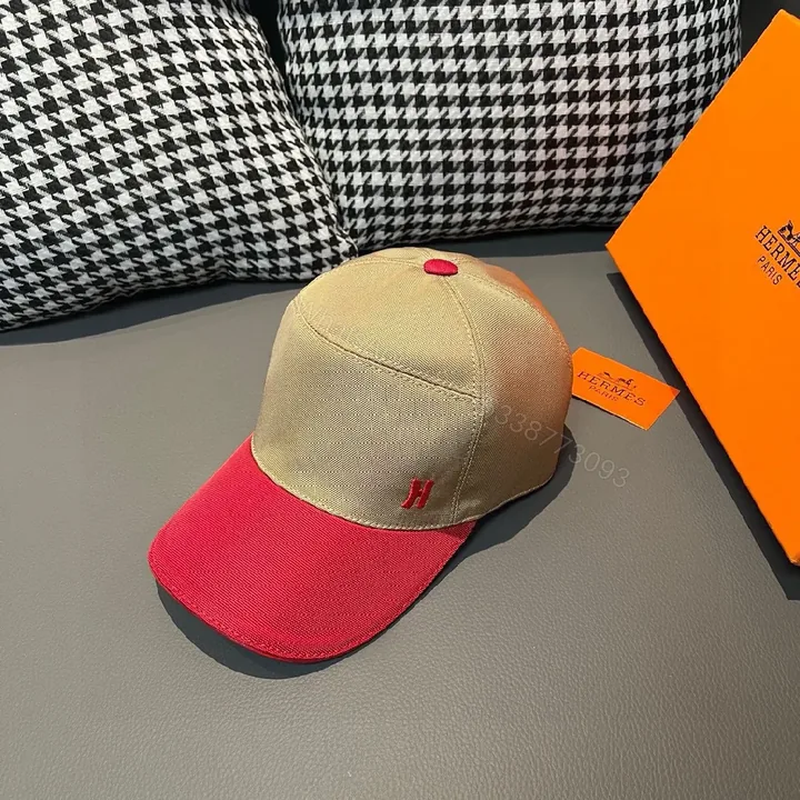 View 1 of Two-Tone Beige & Red Cap with Signature H Accent Cap