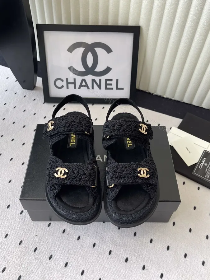 View 1 of Crochet-Texture Sandals with Gold Logo Accents – Luxury Everyday Wear